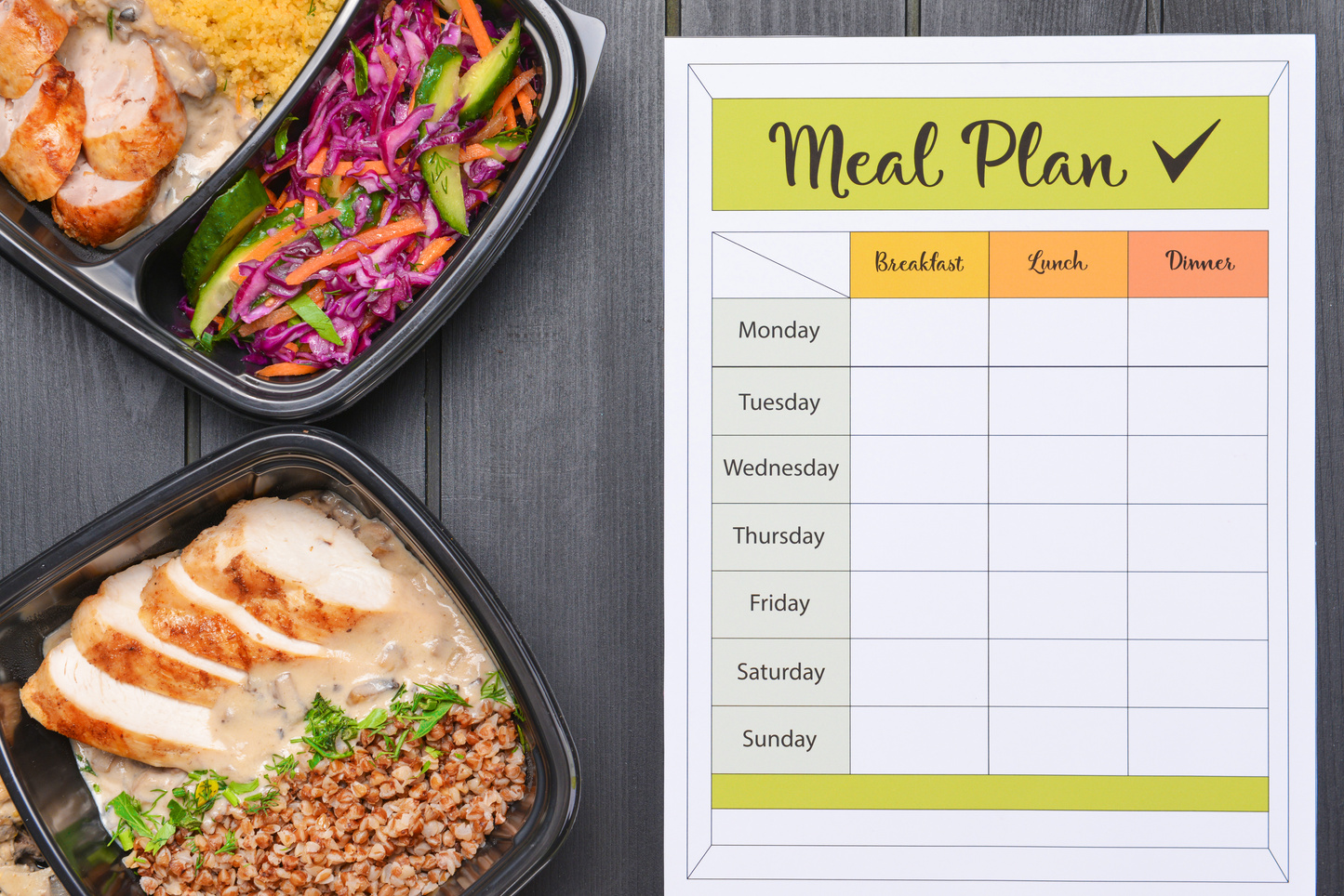 Containers with Healthy Food and Meal Plan on Wooden Background